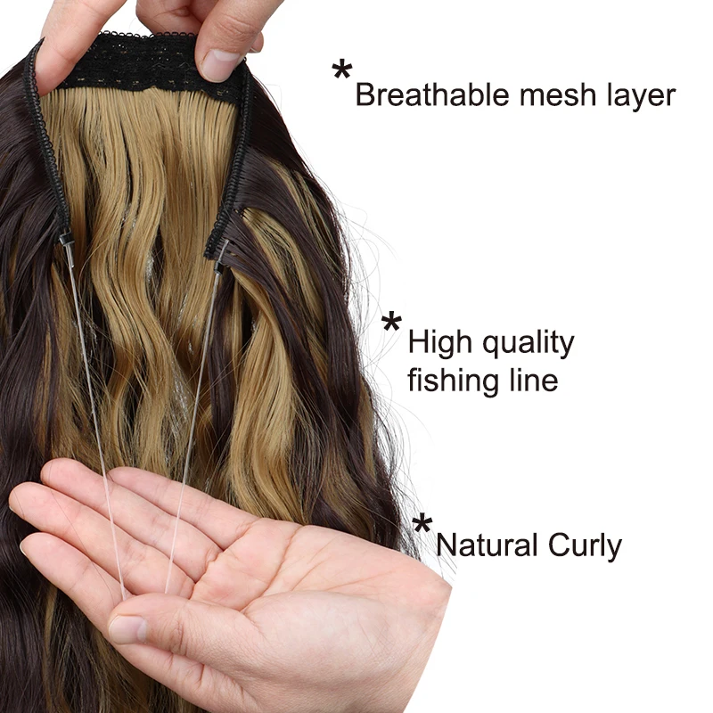 18Inch Synthetic No Clips In Hair Extension Black Blonde One Piece Long Wavy Curly Invisible Wire False Fake Hair Piece for Wome