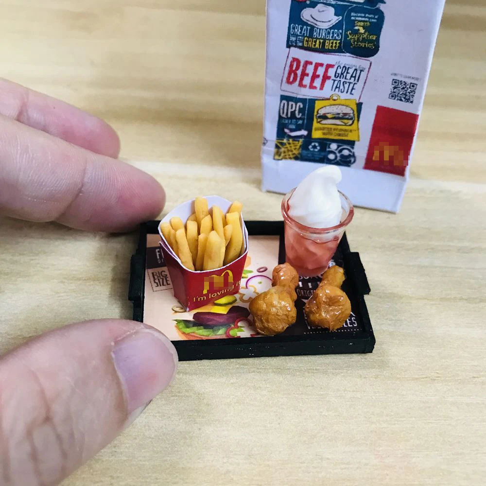 1 Set 1/6 Scale Dollhouse Miniature Hamburger Mini Fried Chips Coke Pretend Kitchen Food Toys for Doll House