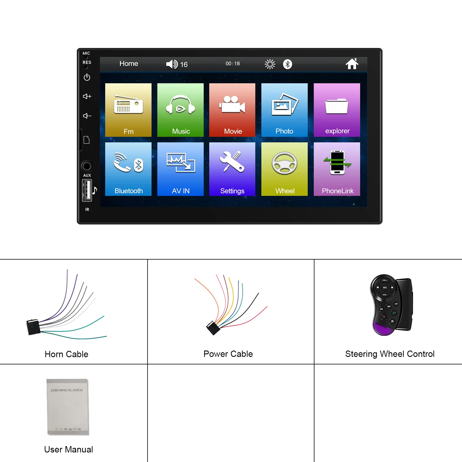 Reproductor MP5 Podofo de 7'' con Pantalla LCD 1Din, Reproductor Multimedia con Mirror Link, EQ, FM, BT, USB, Luces LED, Control del Volante, Estéreo para Auto 6