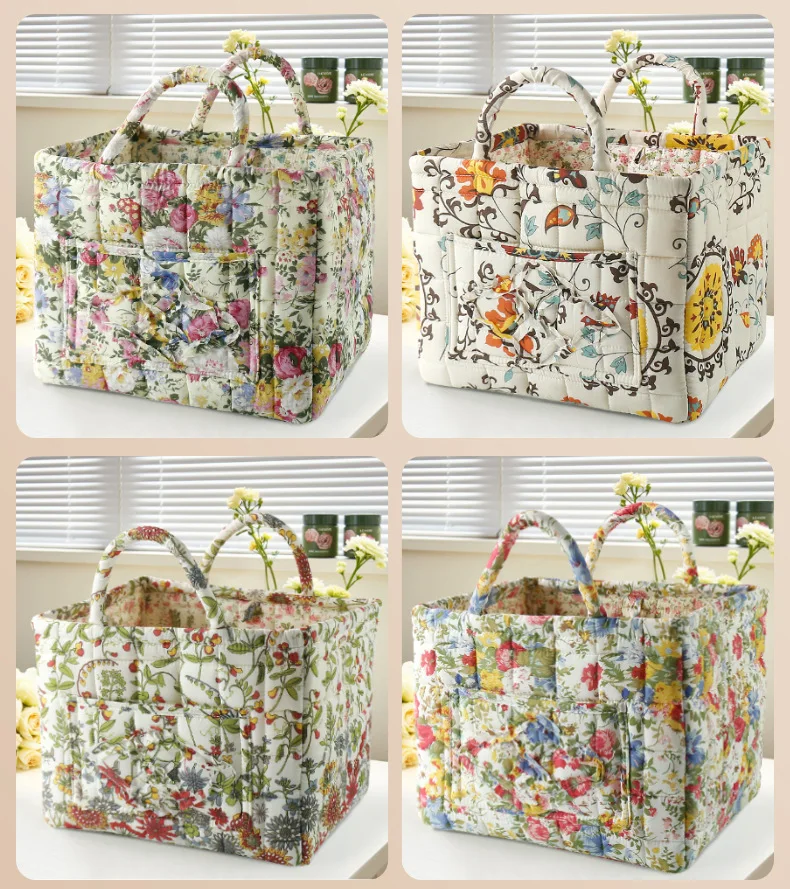 French Pastoral Style Storage Baskets Cotton-Filled Organizer for Underwear/Toys Machine Washable 33x27x26cm Foldable Hamper