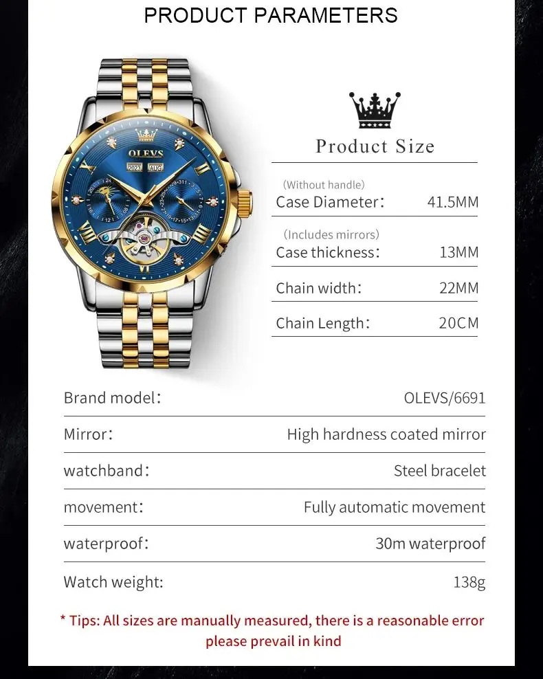 OLEVS 6691 Watch For Men Stainless Steel Moonswatch Auto Date Mechanical Wristwatch Hollow Waterproof Luminous Luxury Man Watch