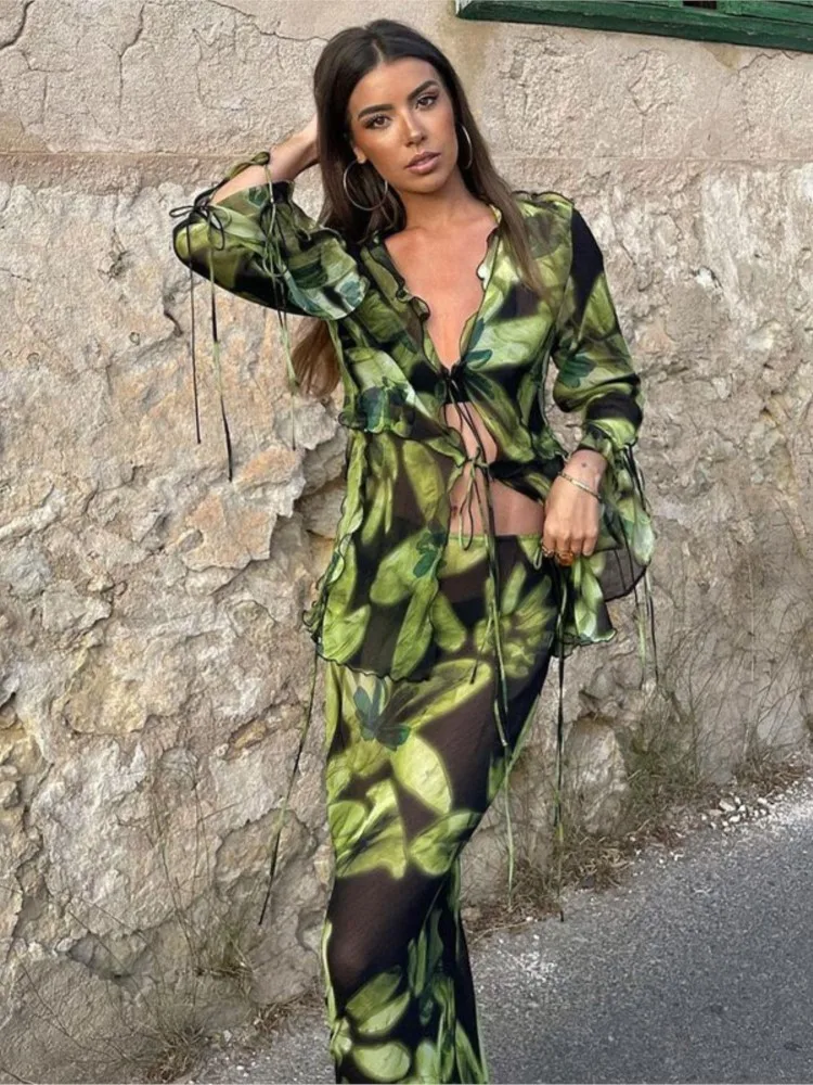 

Женский летний костюм с юбкой, яркий пляжный костюм с длинным рукавом для женщин, модный легкий топ с принтом, лето 2023