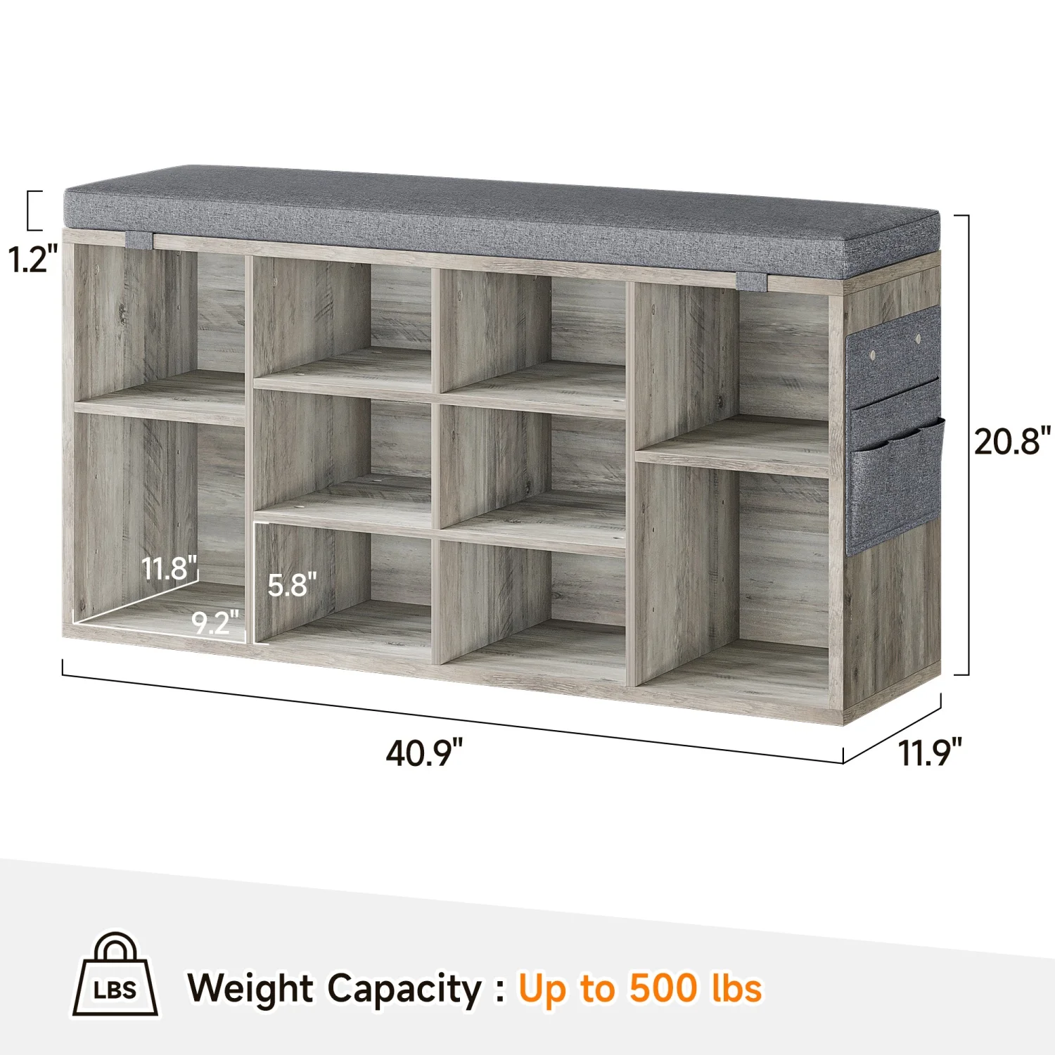 Schuhbank mit Kissen, Schuhaufbewahrungsbank mit 10 Fächern und verstellbaren Regalen, Eingangsbank für Schlafzimmer und Wohnzimmer – Detail 2