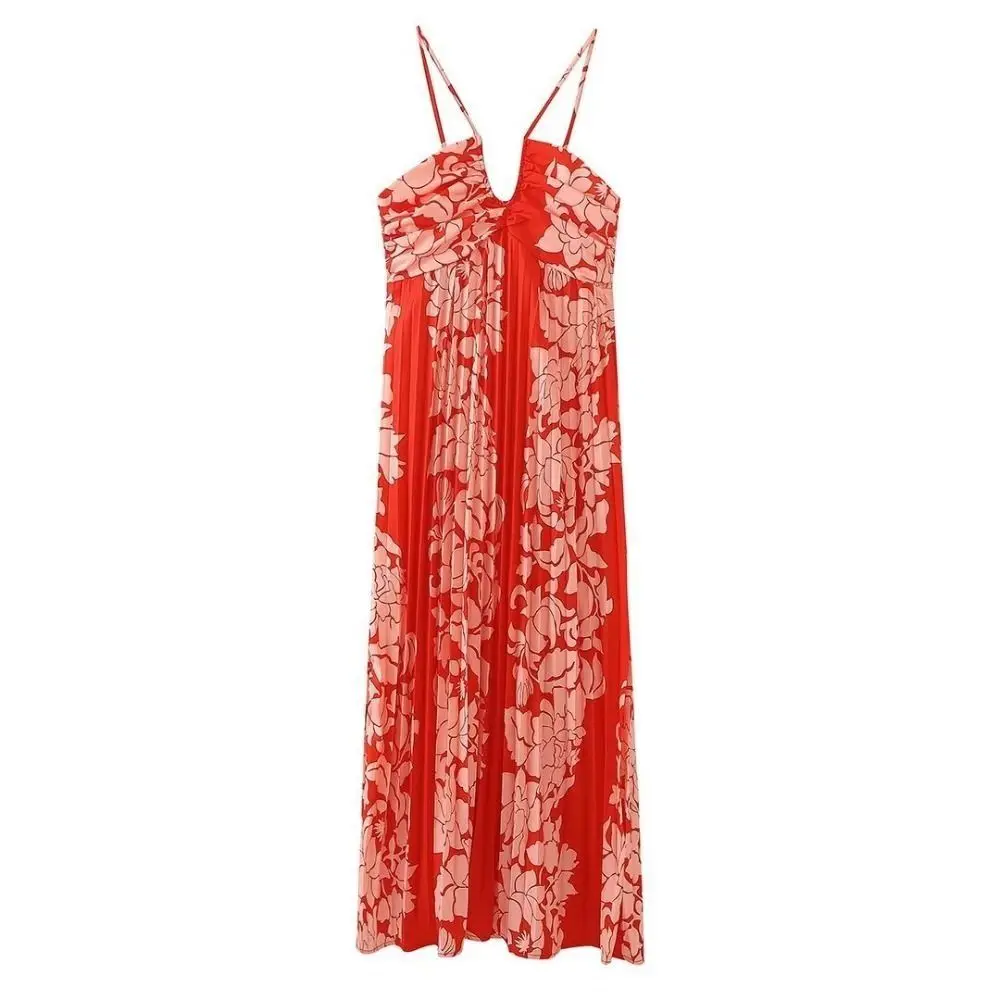 

Print Print Slip Long Dress Summer High Waist Pleated Pleated Slip Dress Off Shoulder Open Back Hanging Neck Dress Vacation