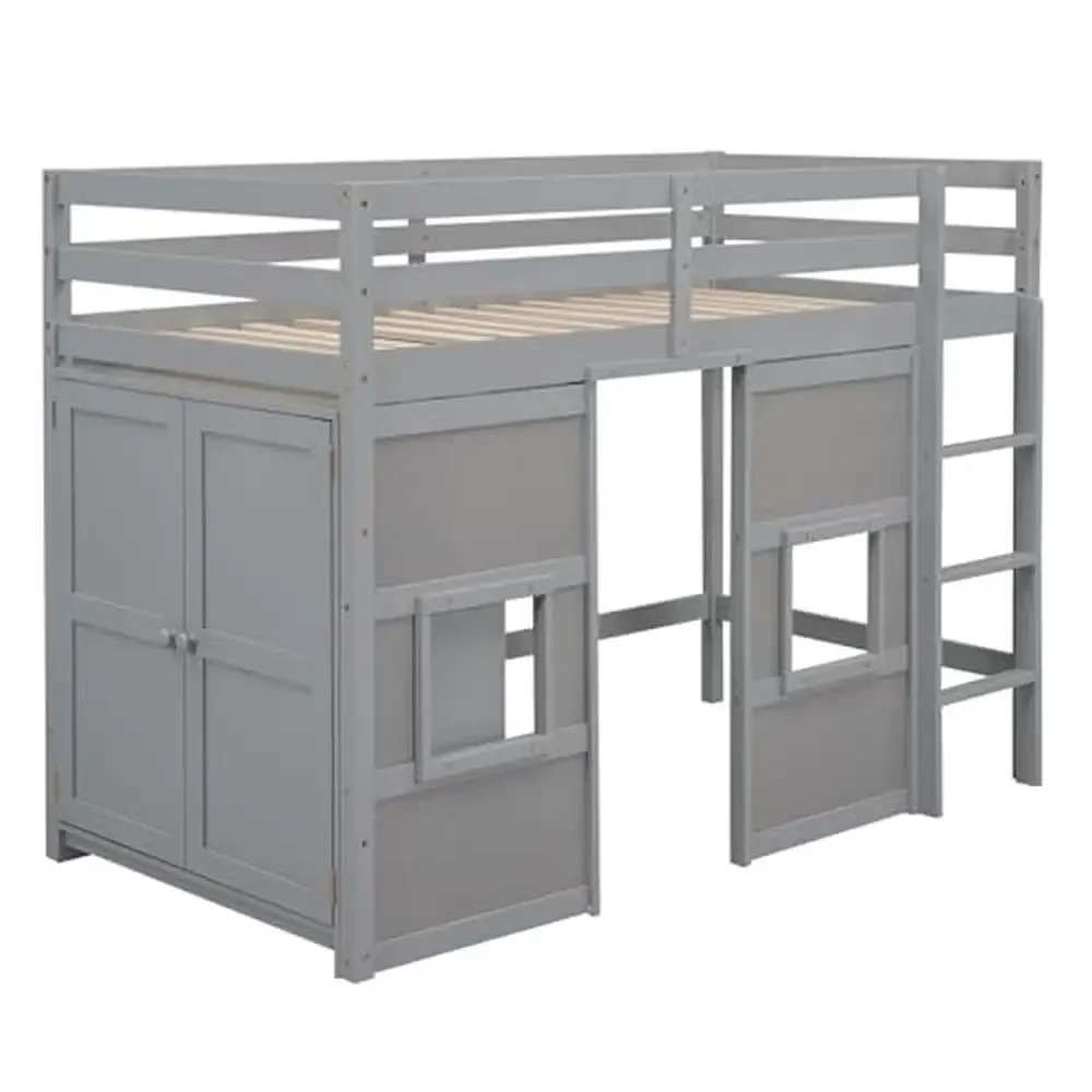 Twin Size Loft Bed with Wardrobe Storage & 2 Windows Solid Wood Frame Guardrail Modern Design High Load Capacity Easy Assembly 6