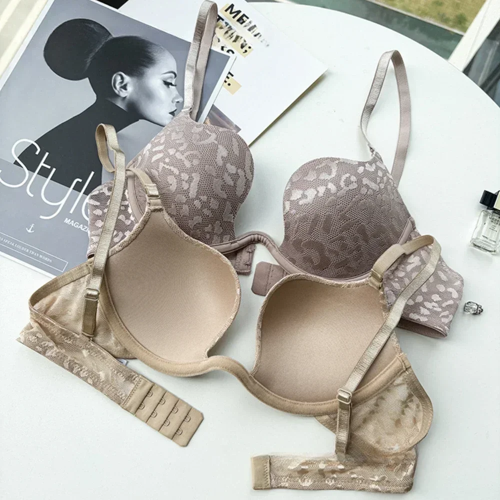 95CD Large Size Underwear Leopard Jacquard Lace Sexy Deep V Brassieres Push Up Lingerie Set Thin Padded Bra Lightweight Bralette