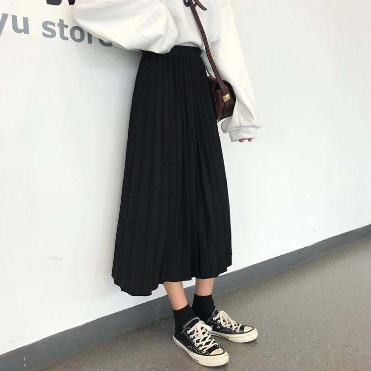

Fashion Women's High Waist Pleated Solid Color Length Elastic Skirt Promotions Lady Black creamy white Party Casual Skirts