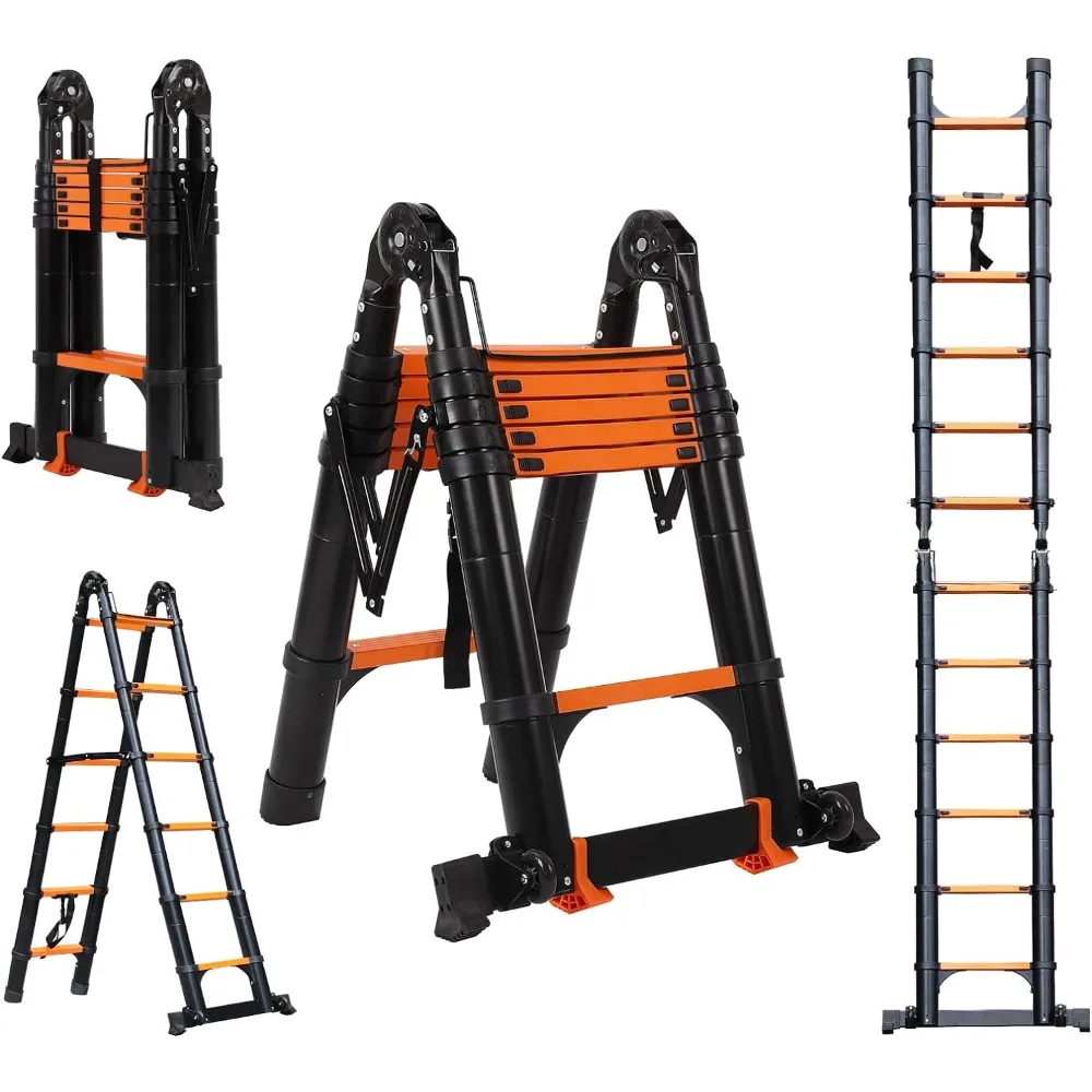 

12.5FT Telescoping Ladder,Telescoping A Frame Ladder with Balance Bar and Movable Wheel,Household Use Folding Ladder