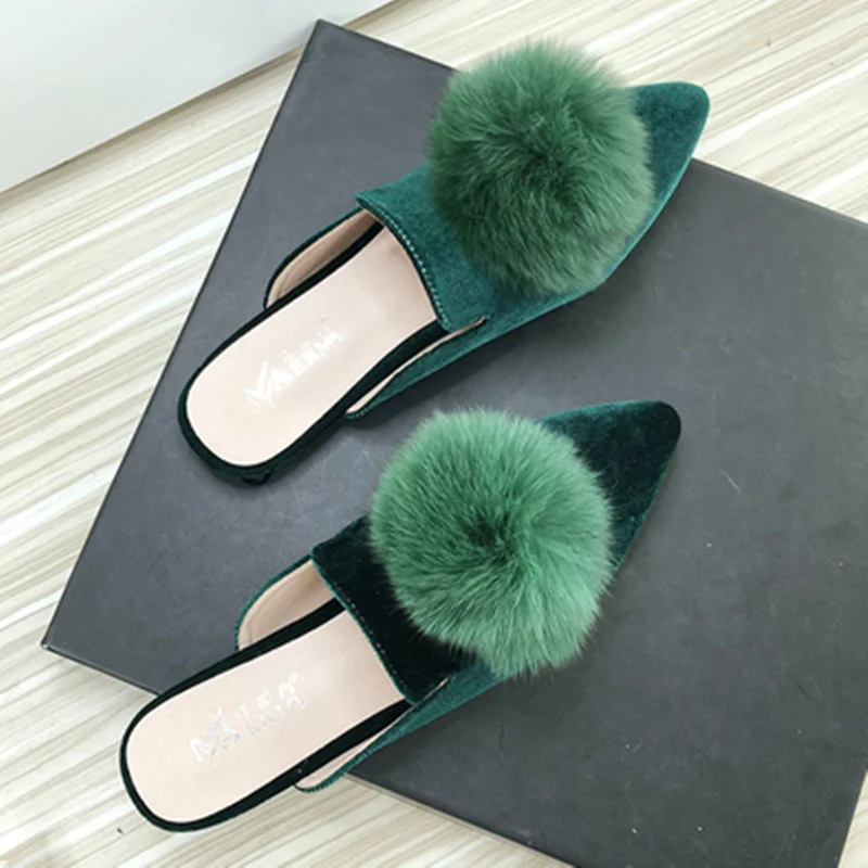 

Lady 2023 New Corduroy Velvet Ball Slides Pointy Toe Shallow Mouth Green Grey Slippers No Heels Flats For Narrow Feet 32-44 27cm