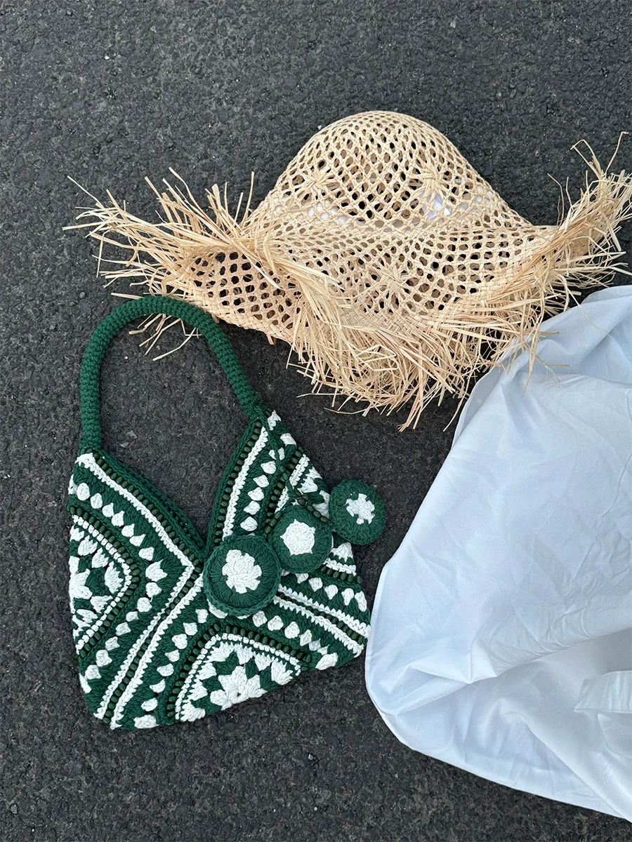 Bohemian Crochet Woven Bags for Women Handmade Knitted Shoulder Bag Summer Travel Designer Handbags Vacation Beach Bags Shopper