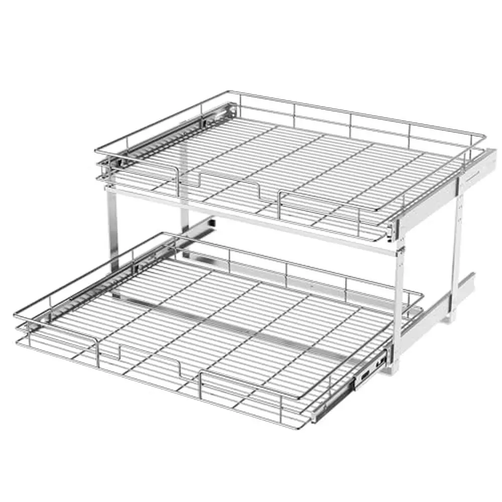 2 Tier Pull-Out Kitchen Cabinet Organizer Storage Shelves Rust Resistant Metal Adjustable Height Holds up to 100 lbs Fits 32"