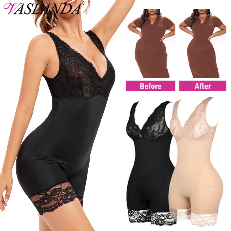 

Fajas Colombianas Women Floral Lace V Neck Bodysuit Shapewear Tummy Control Slimming Thigh Full Body Shaper Patchwork Underwear