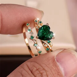 Elegant Multicolor Heart Ring Set for Women - Rose Gold with White Zircon Stones (Green)