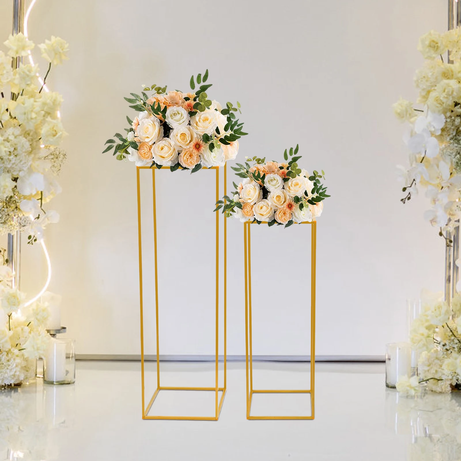 2 Pcs Metal Flower Floor Vase Column Flower Stand 80cm/31.5in +100cm/39.37in Tall Gold Holder for Wedding Supply