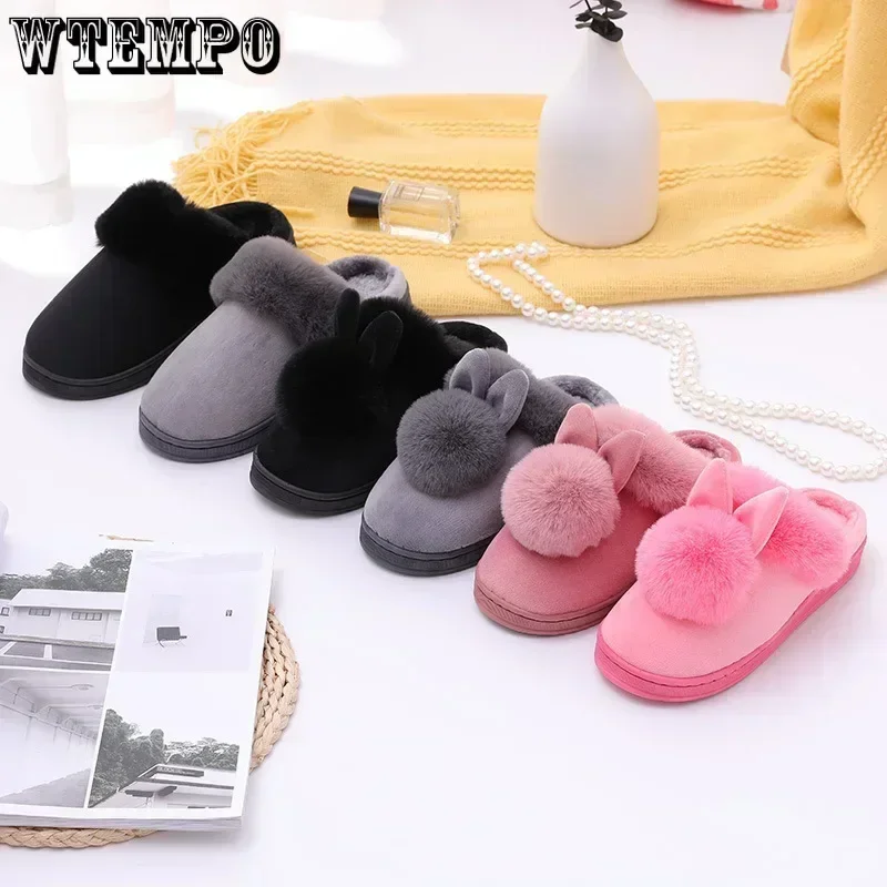 WTEMPO Female Furry Plush Slippers Home Indoor Ladies Soft Shoes Fluffy House Shoes Women Winter Warm Slippers Cute Rabbit Ears