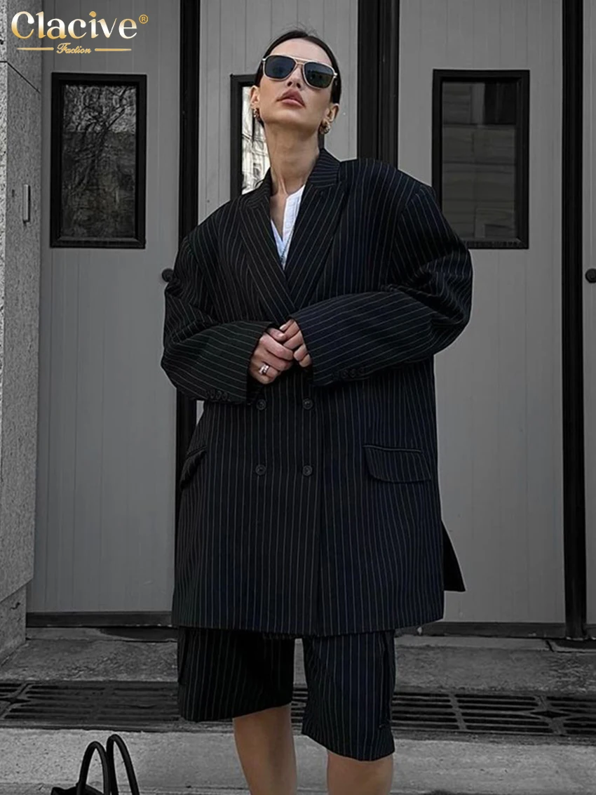 

Clacive Fashion Stripe Print Office Shorts Sets For Women 2 Pieces Elegant Long Sleeve Blazer With High Waist Shorts Suit Female