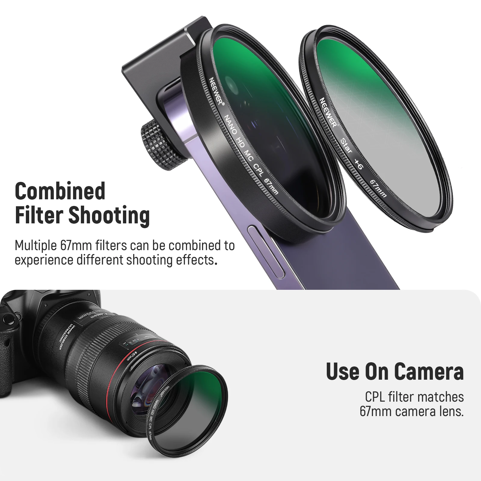 CPL Filter for Phone, 67mm Camera Lens Polarizing Filter with Metal Cold Shoe Ph