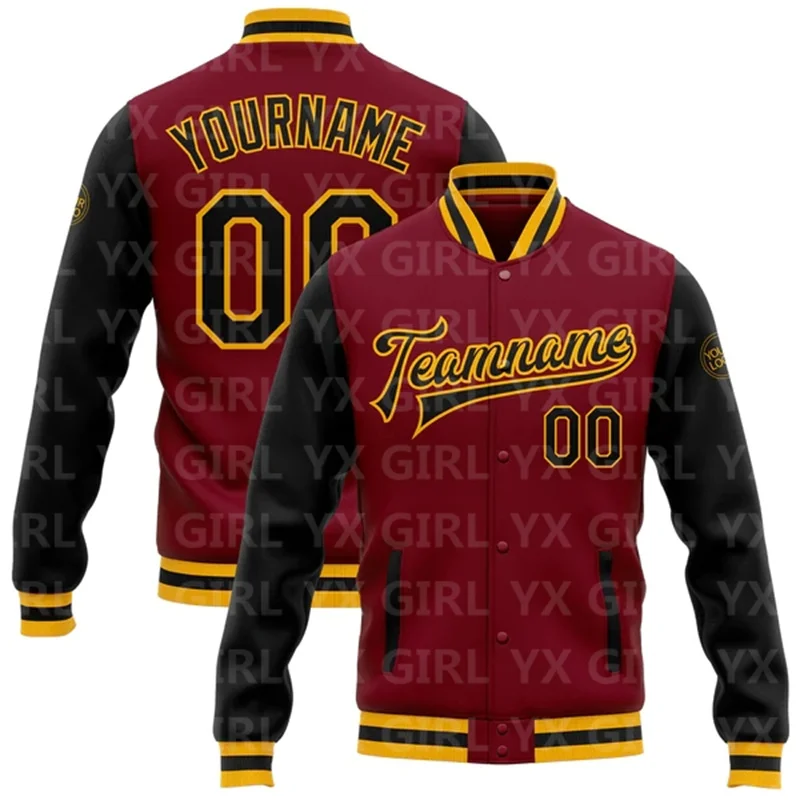 

Custom Crimson Black-Gold Bomber Full-Snap Varsity Letterman Two Tone Jacket 3D Printed Baseball Button Jacket