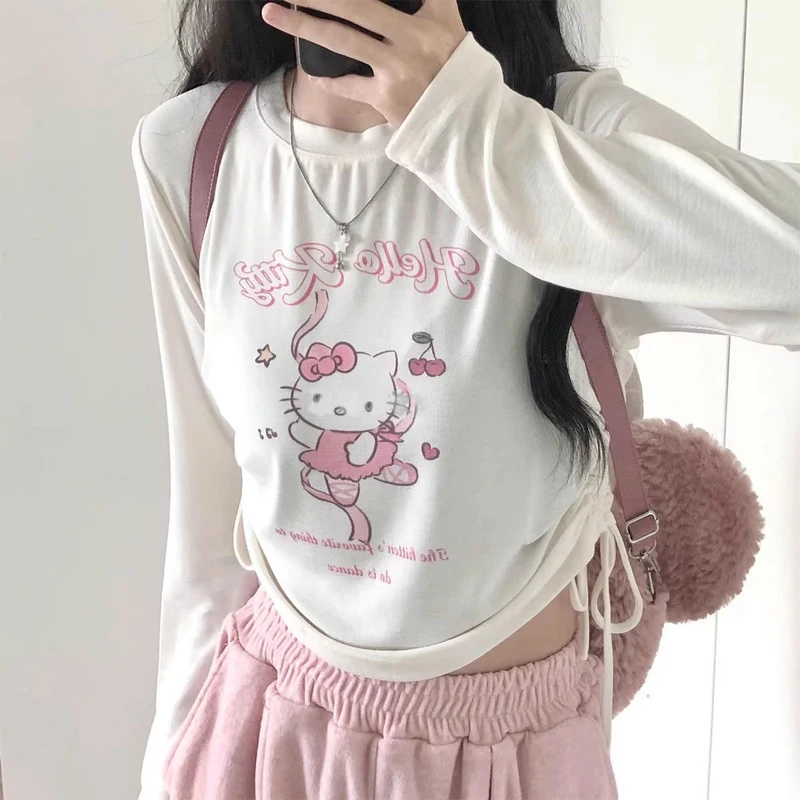 

Sanrio Hello Kitty Cute Slim Bottom Shirt Pochacco Cartoon Print Long Sleeve T-Shirt Fall and Winter Sexy Neckless Sweatshirt
