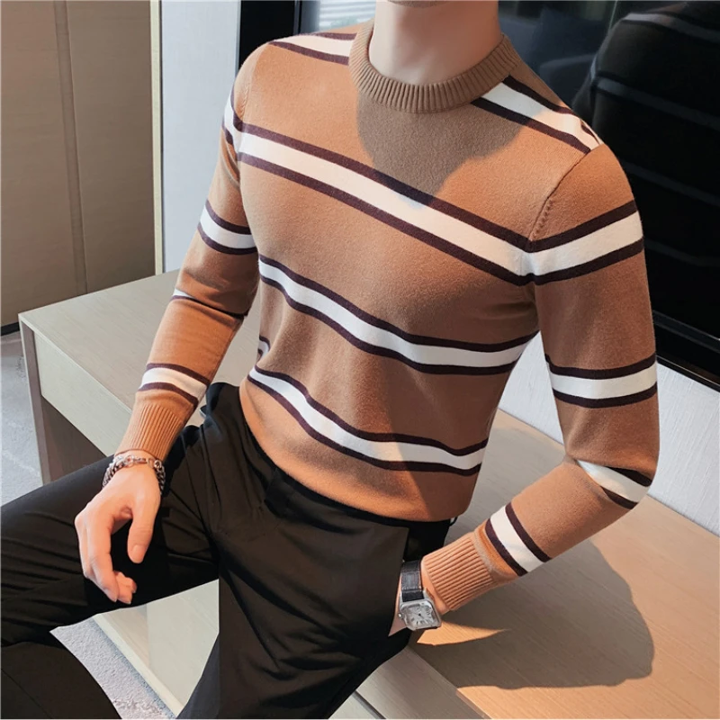 

2023 Mens Autumn Casual Sweaters Slim Fit Stripe Knitting jumpers /Cotton Long Sleeve Round Collar Male Warm knitting Pullovers