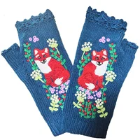 Fashion Women's Autumn Knitted Handmade Embroidery Gloves Embroidered Fox Flowers Mid Long Half Finger Warm Wool Winter Gloves