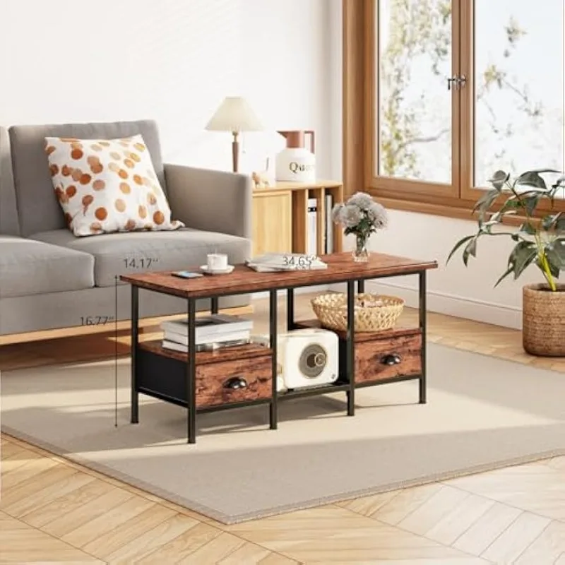 Coffee Table with 2 Fabric Drawers, 35inch Small Coffee Table for Living Room, 2-Tier Central Table 	Rustic Brown 6