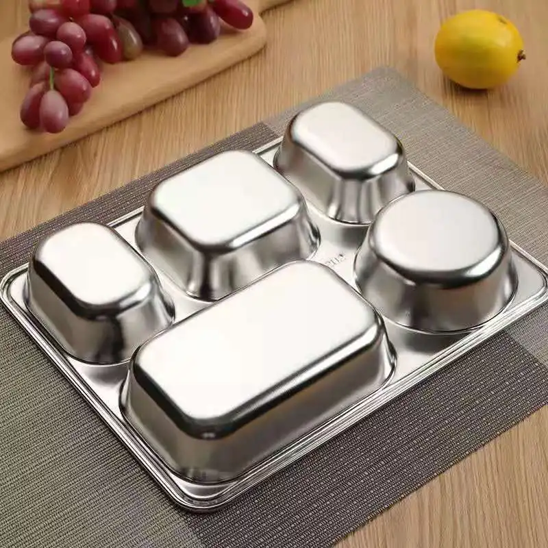 304 Stainless Steel Divided Dinner Plate With Lid Lunch Box Fast