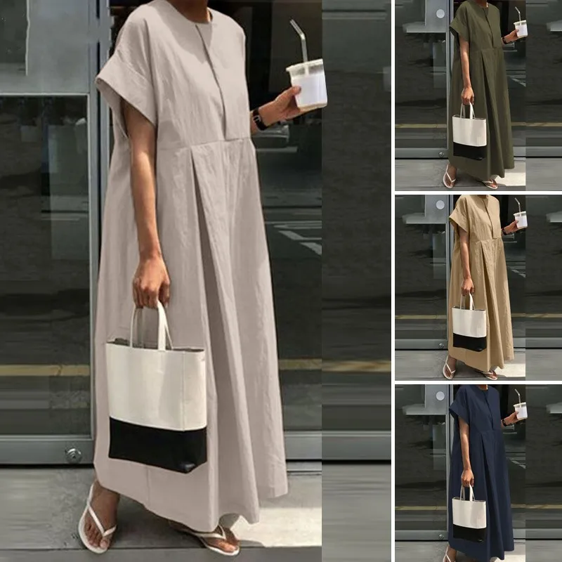 

Loose Cotton and Linen Dress, Round Neck Long Skirt, Preppy Style Women's Bottoming Shirt and Casual Skirt