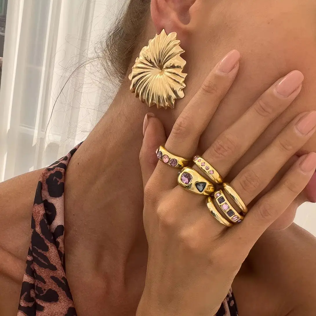 Elegant Purple Zircon Adjustable Ring Set - 6 Piece Gold Tone Jewelry