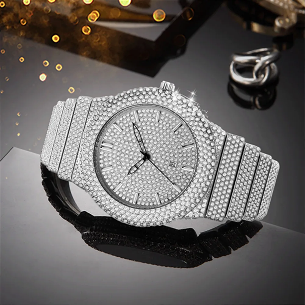 Wholesale 5pcs / lot Cool Original Brand Men Watches Silver Luxury Full Diamond Alloy Band Date Quartz Watch Montre Homme 2025