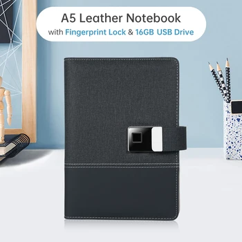 Cahier en cuir A5 avec verrouillage par empreinte digitale, clé USB haute vitesse de 16 Go, licence de journal doublée, classeur à 6 anneaux de 100 pages, 4 cartes