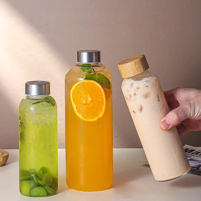 1pc Borosilicate Glass Bottle with Stainless Steel Lid & Bamboo Lid - Leak-Proof High-Temp Resistant Drink Container Glass Jar