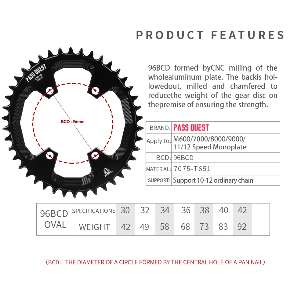 Description Picture 3 of itemPASS QUEST 96BCD OVAL Road Bike Narrow Wide Chainring 30-42T Chain wheel Black Bicycle Accessories
