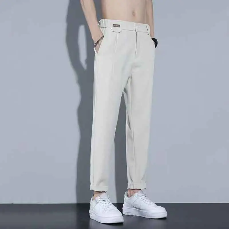 Summer New Fashion Street Trend Versatile Casual Suit Pants Men's Solid Patchwork Button Zipper Pockets Slim Straight Trousers