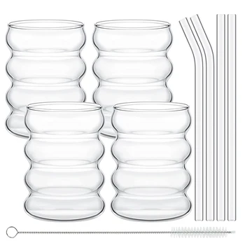 4 bicchieri di vetro creativi, bicchieri da bere vintage a forma di ondulazione, vetreria a costine con set di cannucce per succo di caffè da cucina 1