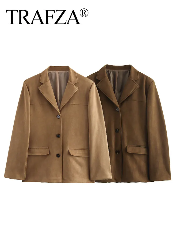 HH Women Vintage Brown Suede Blazer Coat Single Breasted Long Sleeve Lapel Jacket With Pockets Casual Office Lady Outerwear