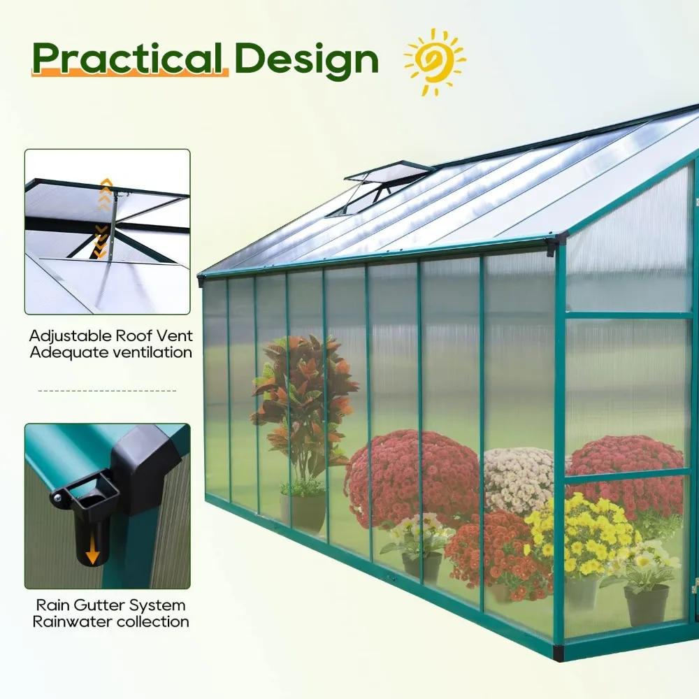 8'x16' Greenhouse for Outdoors, Polycarbonate Greenhouse with Roof Vent, Heavy Duty Aluminum for Garden Backyard
