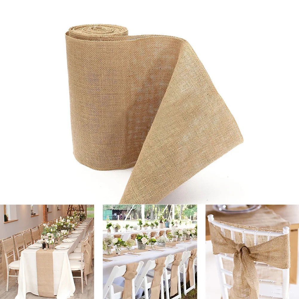 

15cm Width Vintage Natural Jute Linen Table Runner Burlap Rustic Khaki Party Country Wedding Decoration Home Party Chair Decor