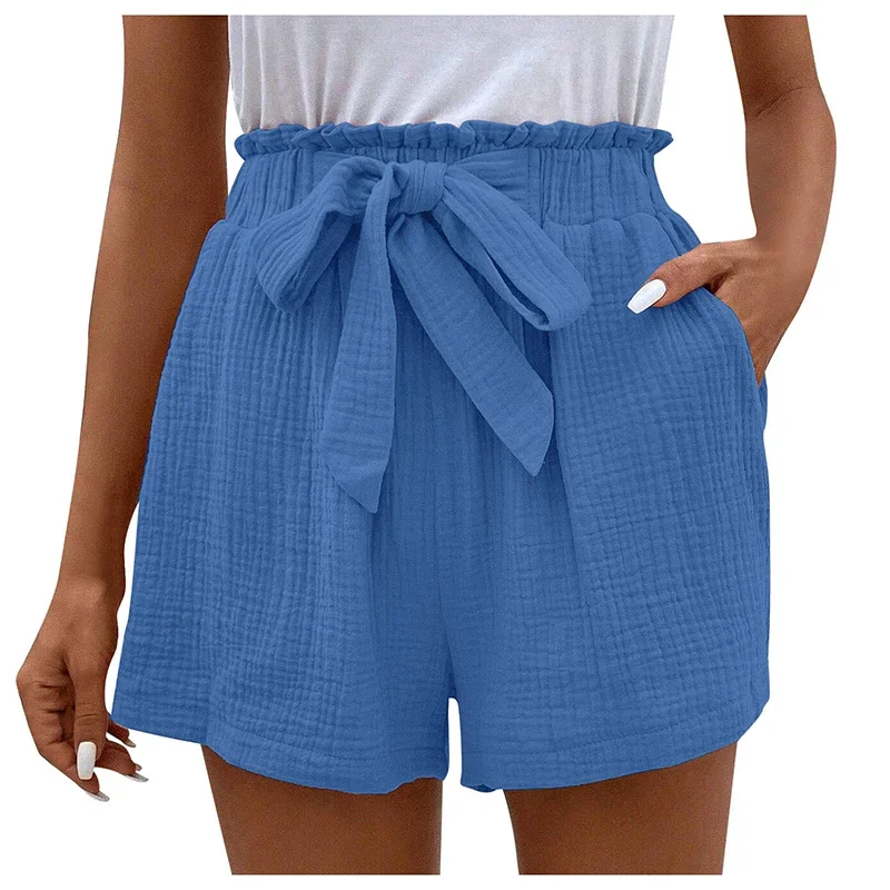 Women's Cotton Linen High Waist Shorts Sweet Soft Comfortable Bow Tie Elastic Waist Summer Pants Loose Casual Wide Leg Shorts