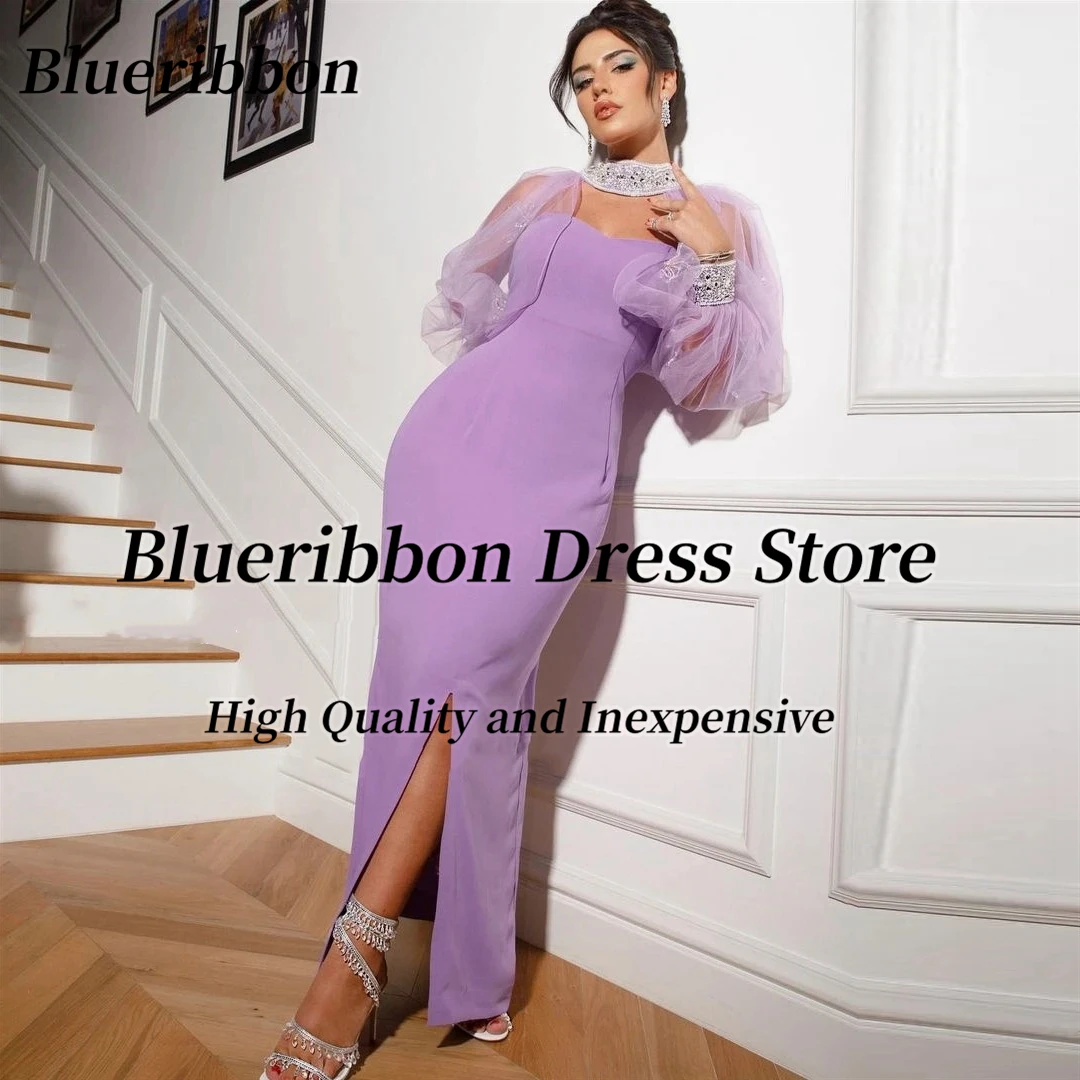 

Blueribbon فستان حفلات الزفاف Sweetheart Side Slit Mermaid Prom Dresses Beaded Long Sleeves Tulle Cape Evening Party Formal Gown