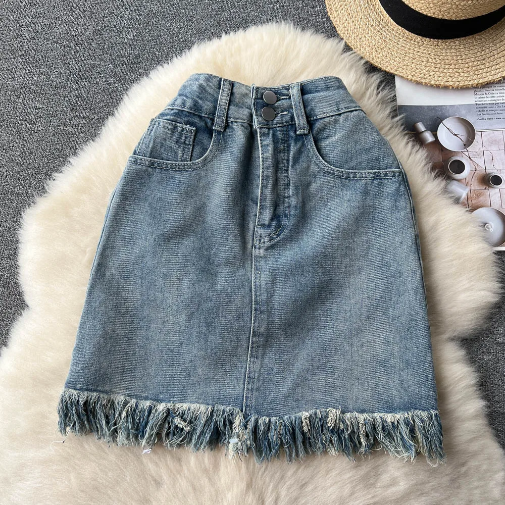 

2023 Summer Retro Rugged Fringe Denim Skirt High Waist A-line Wrap Hip Short Skirt Ins