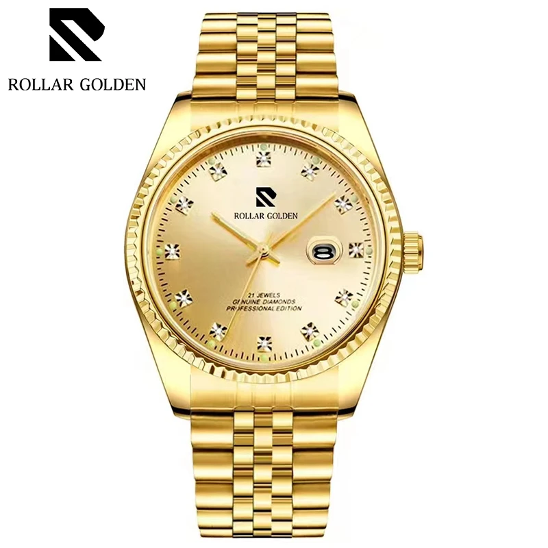

Мужские полностью автоматические водонепроницаемые механические часы ROLLAR золотого цвета с персонализированным многоугольным циферблатом, светящиеся часы