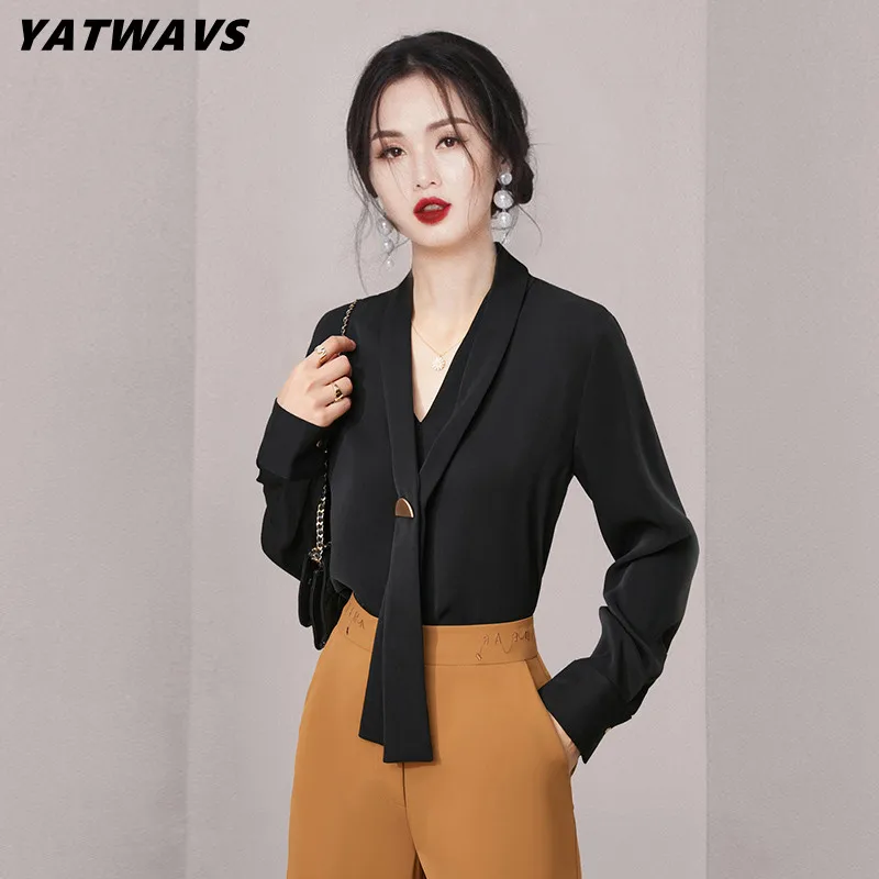 

Chic Fashion Necktie Shirt Tops Women Autumn Elegant V-Collar Simple Office Blouse Female Long Sleeve Casual Korean Loose Shirt