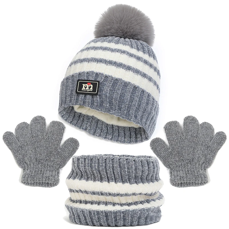 Kids Warm Hat Gloves Scarf Winter 3Pcs Set Toddler Boys Girls Beanie Scarf Children Windproof Warm Bonnet