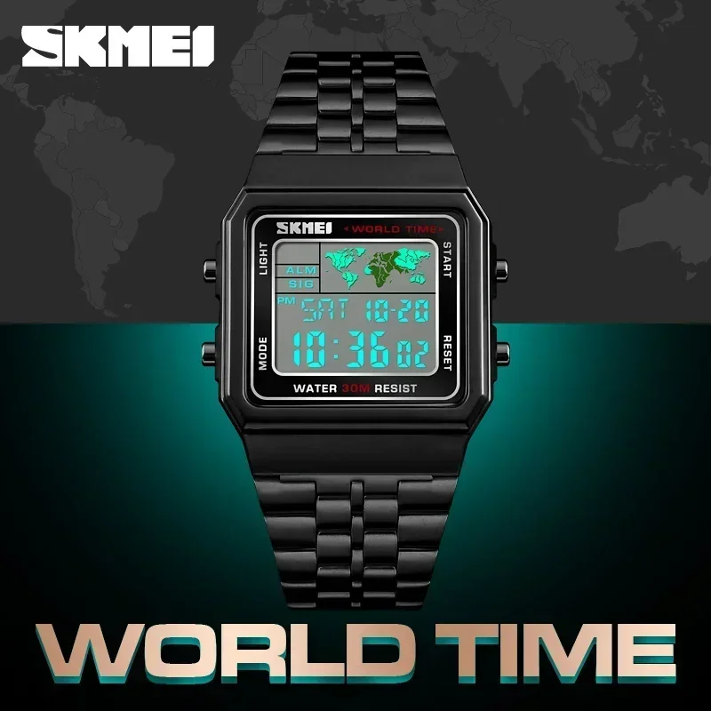SKMEI 1338 남성용 알람 시계, 방수 스테인리스 스틸 스트랩, 디지털 시계, 최고 럭셔리 패션 스포츠 시계, 3Bar