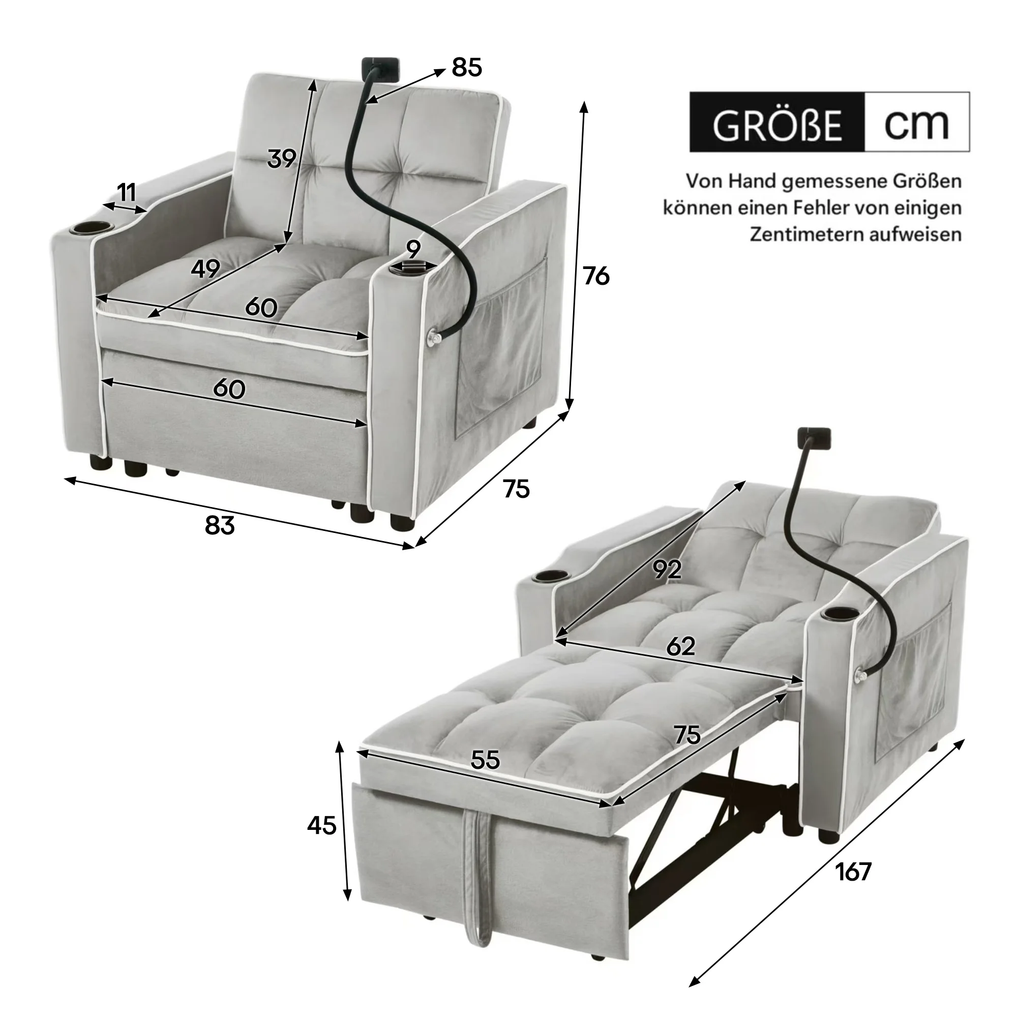 KOMHTOM 3 In 1 Ausziehbares Einzel Schlafsofa Sofa Liegestuhl Schlafstuhl Sessel Mit Getränkehaltern Und Handyhalter – Detail 11