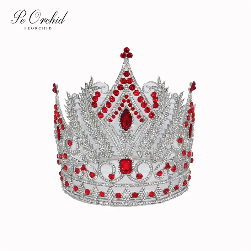 

PEORCHID Luxury Red/Blue Big Pageant Crown Rhinestone Hair Accessory Bridal Headband For Weddings Tiaras King And Queen Crown