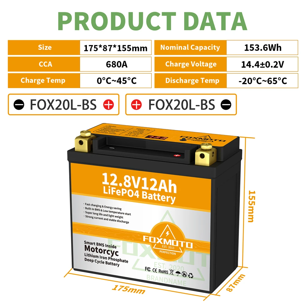 Fox20L-Bs 12.8V 153.6Wh Cca 680A Bms Moto Start Batteria 12.8V Litio Ferro Fosfato Scooter Lifepo4 Batterie Ytx20L-Bs