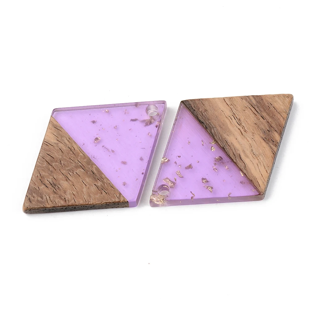 50pcs Rhombus Transparent Resin Walnut Wood Pendants with Gold Color Foil For DIY Earrings Jewelry Making Accessories