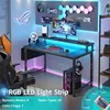 Black Gaming Desk with LED Lights and Power Outlets, 40 Inch Teen Writing Study Table Home Office Desks with Monitor Stand 5